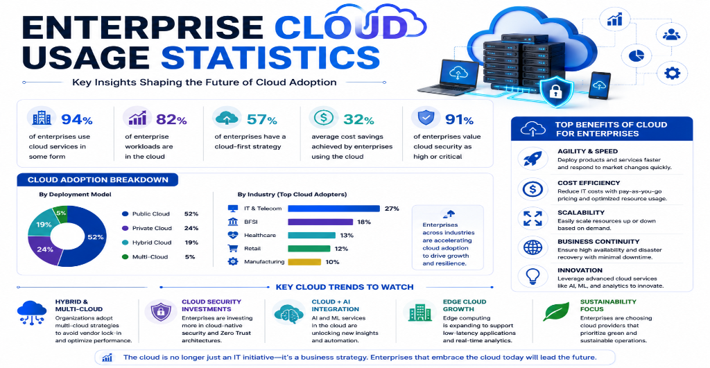 Enterprise cloud computing infrastructure with cloud servers, AI, cybersecurity, and digital business network.